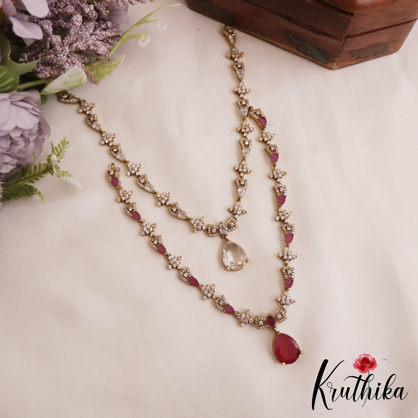Sparkling Floral Teardrop Motifs AD Victorian Necklace NC2807 (Available In 3 Colors)
