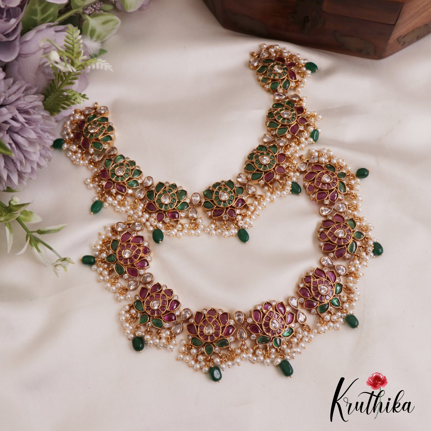 Elegant Lotus Motifs Kemp Guttapoosalu Choker With Green Drop NC2698 (Available In 2 Colors)