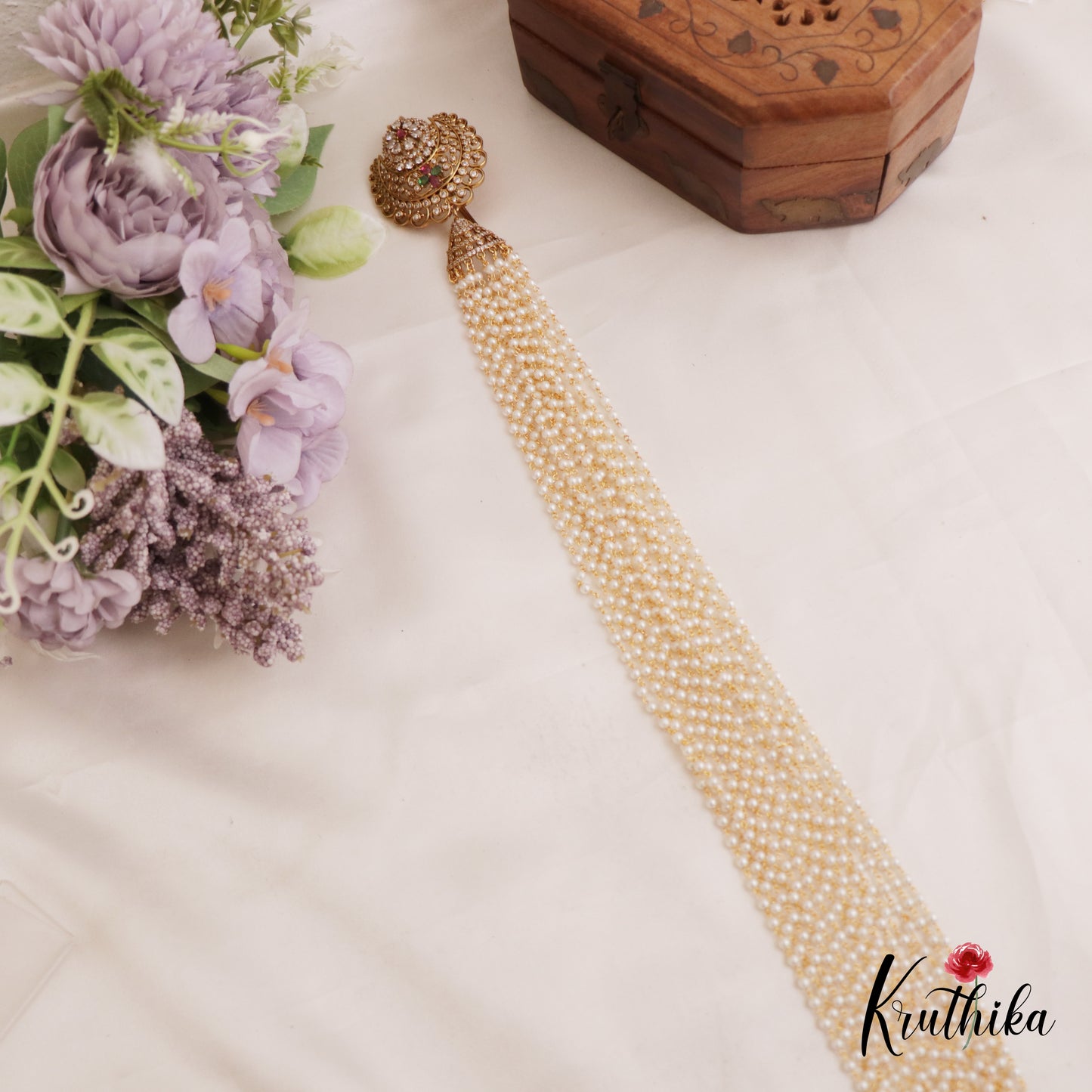Stunning Floral Motifs Multi Pearl Strand Jada Billa With Green Bead Drops J365
