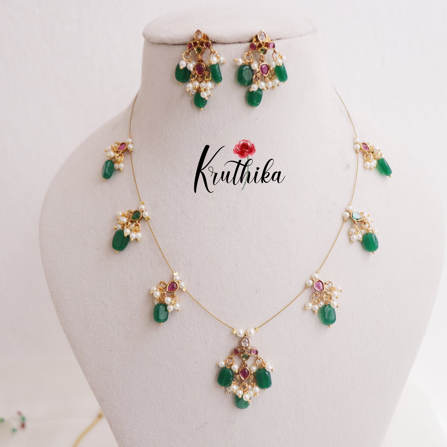 Simple Kemp Invisible Chain with Green Beads Drops NC2309