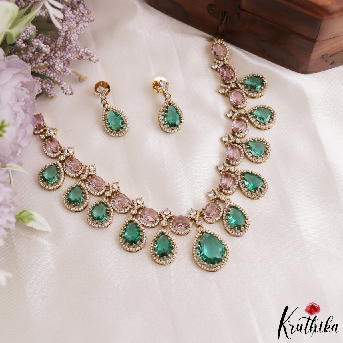 Sparkling Teardrop Motifs CZ Victorian Necklace NC3177