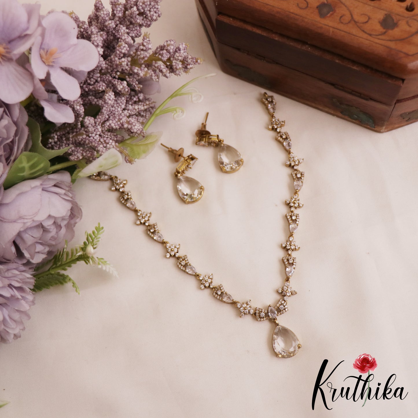 Sparkling Floral Teardrop Motifs AD Victorian Necklace NC2807 (Available In 3 Colors)