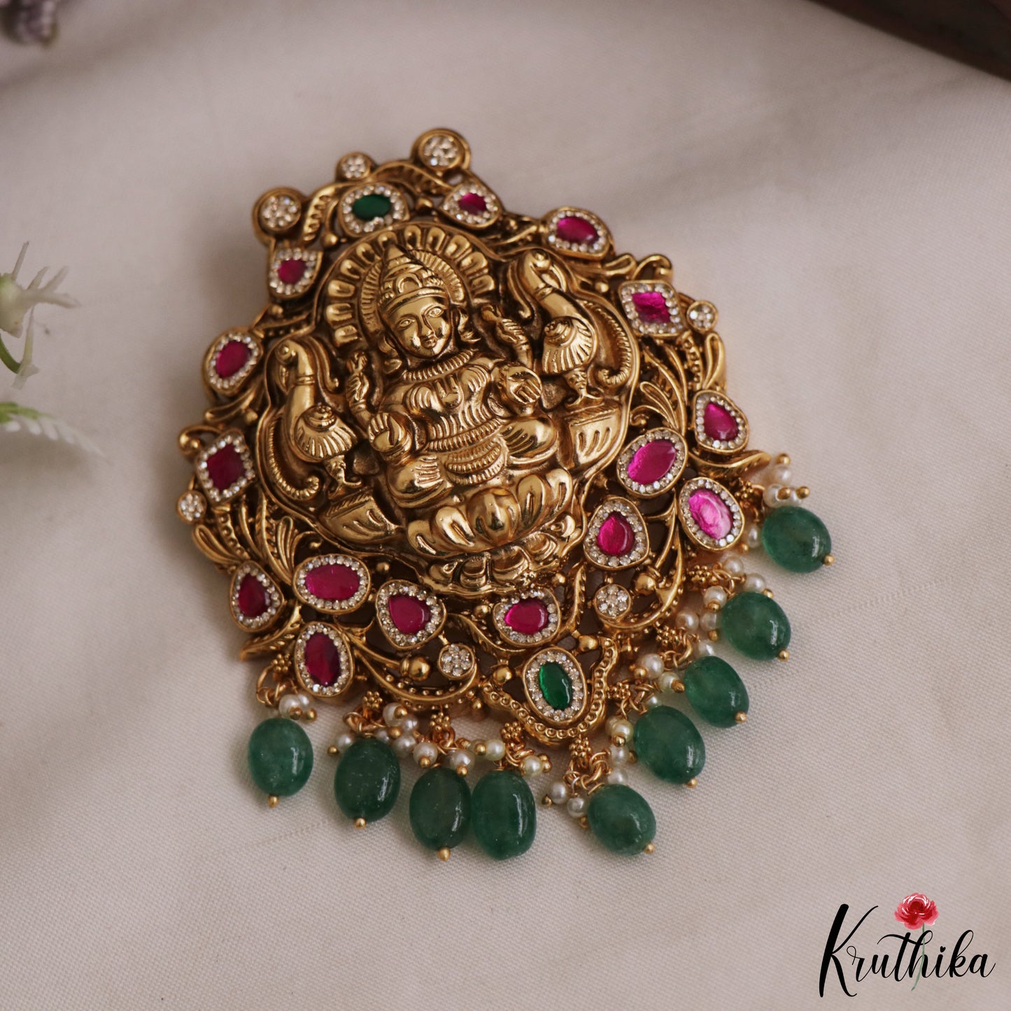 Premium Antique Nagas Lakshmi Peacock Motifs Jadau Pendant Set With Green Bead Drops  PS297