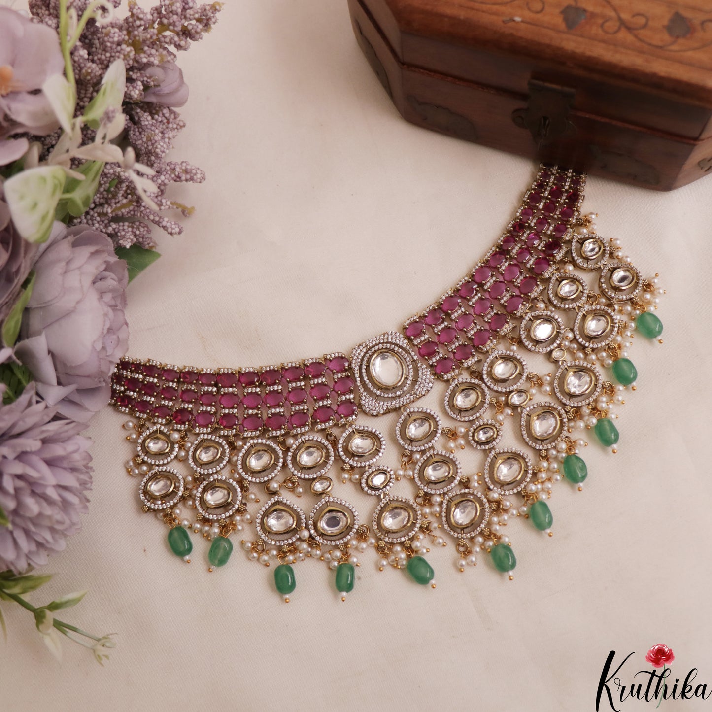 Stunning Geometric Motifs Polki Victorian Choker With Maang Tikka NC3024