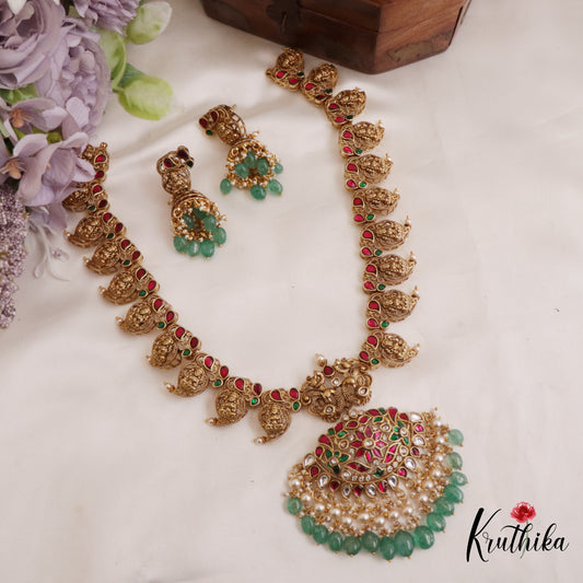 Stunning Antique Mango Lakshmi Motifs Kemp Haaram With Green Bead Drops LH2046