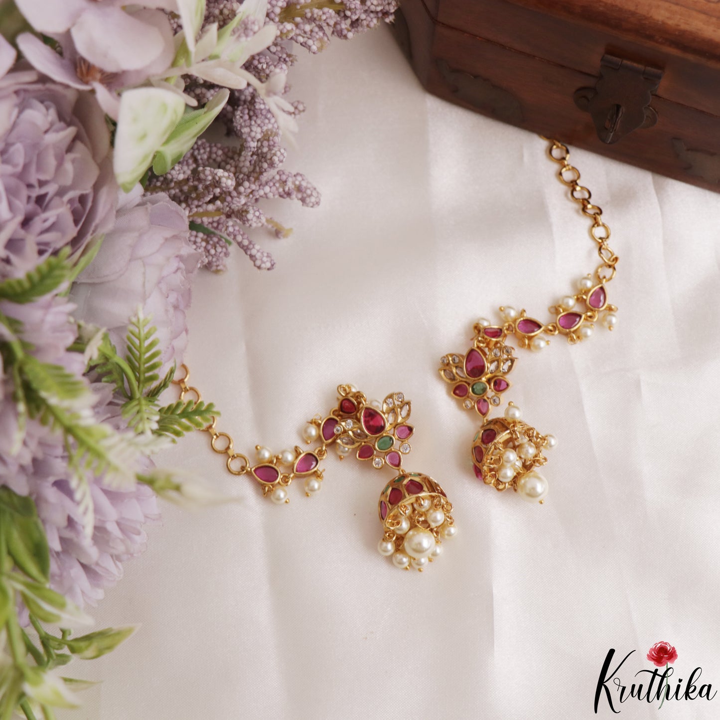 Pretty Lotus Motifs Kemp Jhumkas With Teardrop Maatilu (Earchains)  E1194