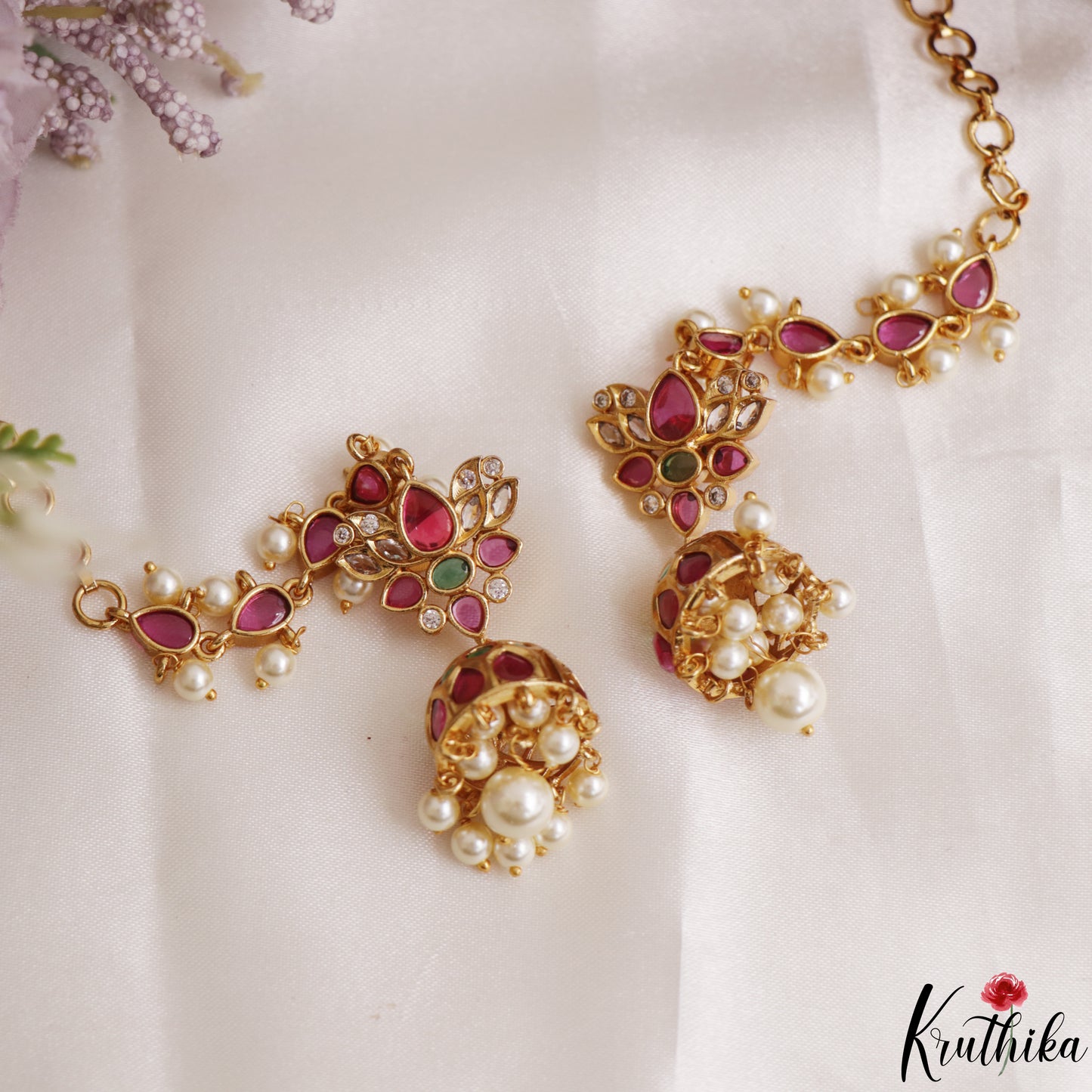 Pretty Lotus Motifs Kemp Jhumkas With Teardrop Maatilu (Earchains)  E1194