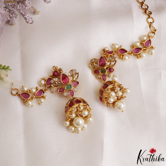 Pretty Lotus Motifs Kemp Jhumkas With Teardrop Maatilu (Earchains)  E1194