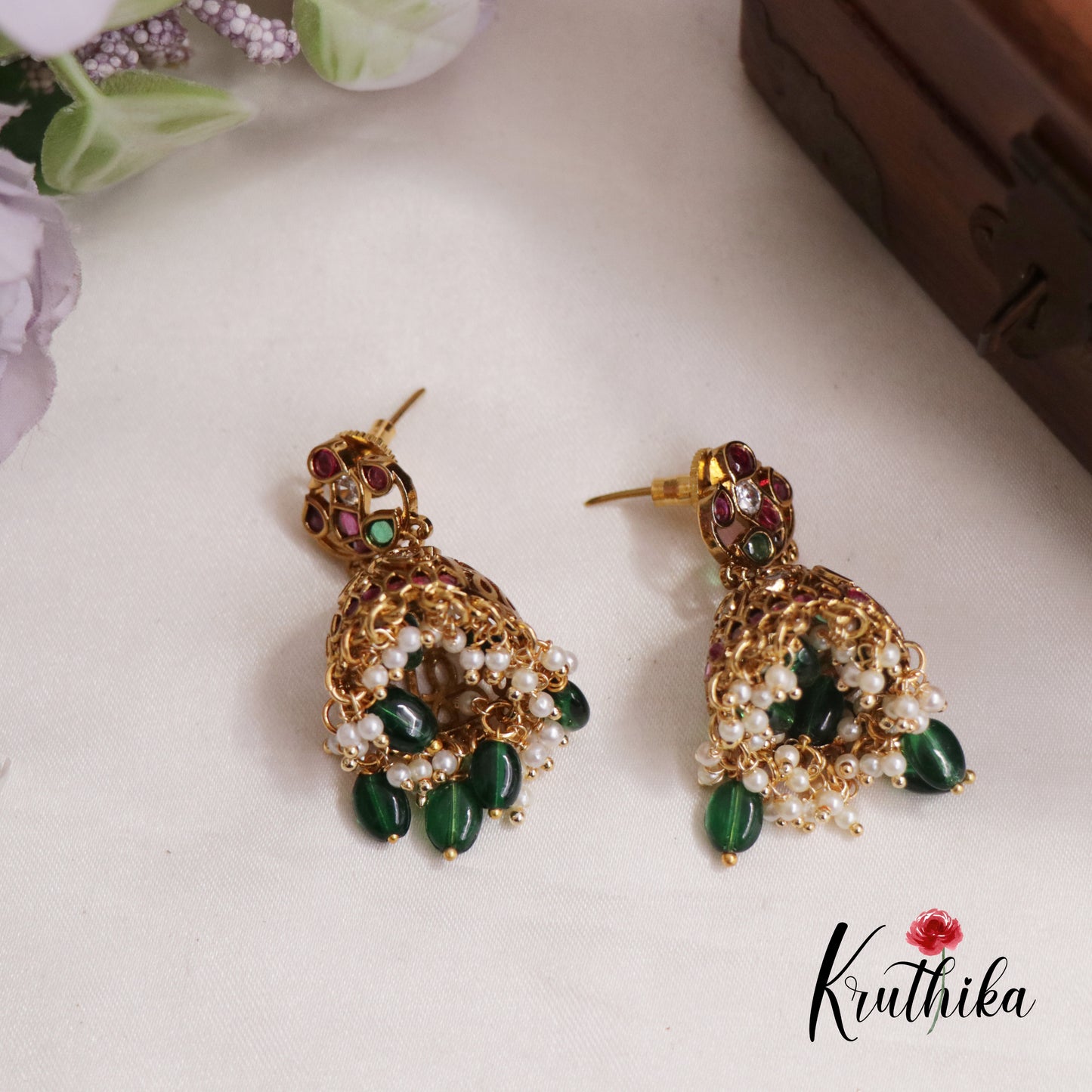 Beautiful Kemp Teardrop Jhumkas With Bead And Pearl Drops Earrings E808