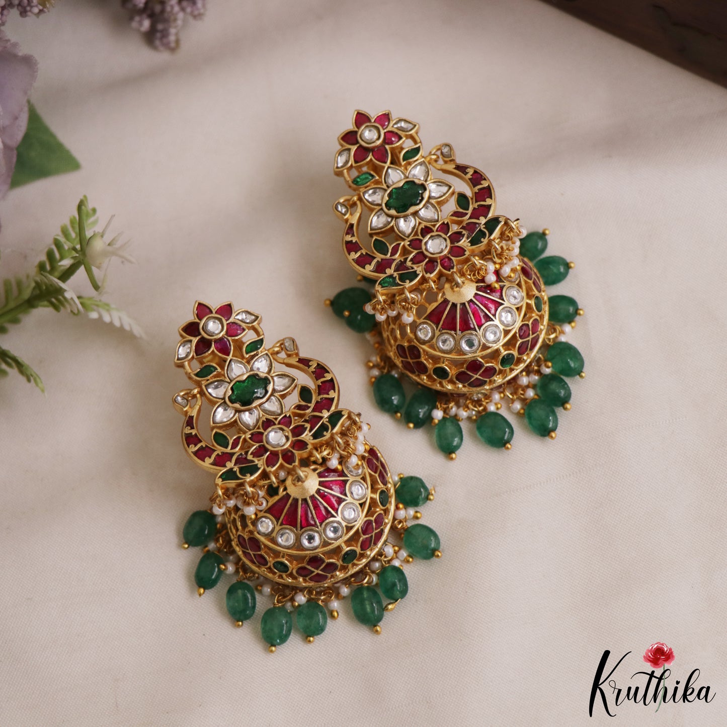 Premium Floral Motifs Jadau Motifs With Green Bead Drops E1080