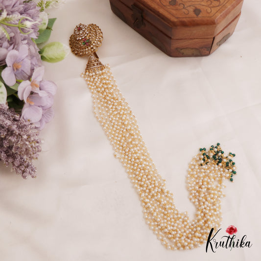 Stunning Floral Motifs Multi Pearl Strand Jada Billa With Green Bead Drops J365