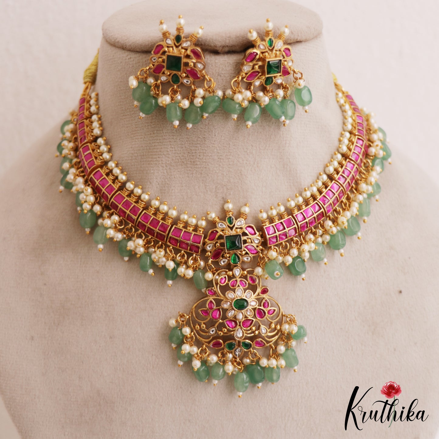 Premium Floral Motifs Jadau Guttapoosalu Necklace With Green Bead Drops NC2790