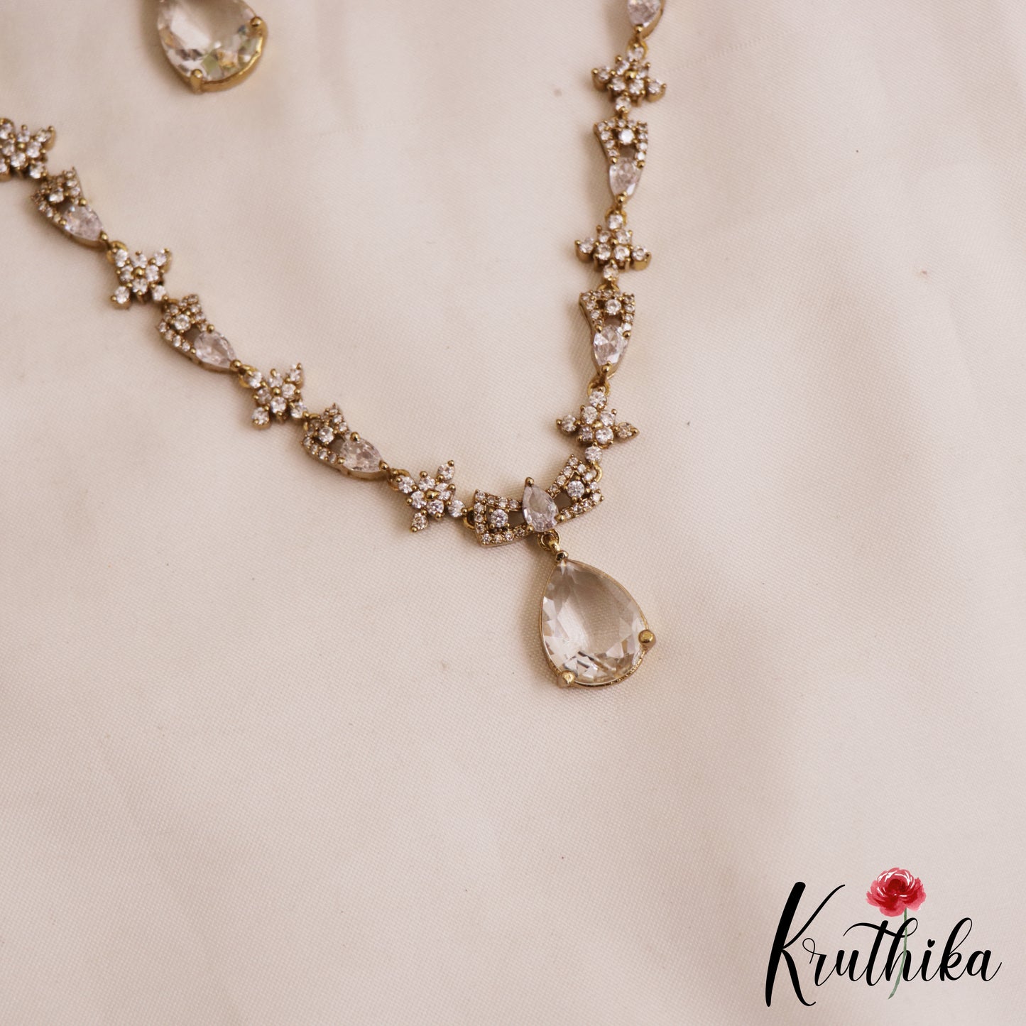 Sparkling Floral Teardrop Motifs AD Victorian Necklace NC2807 (Available In 3 Colors)