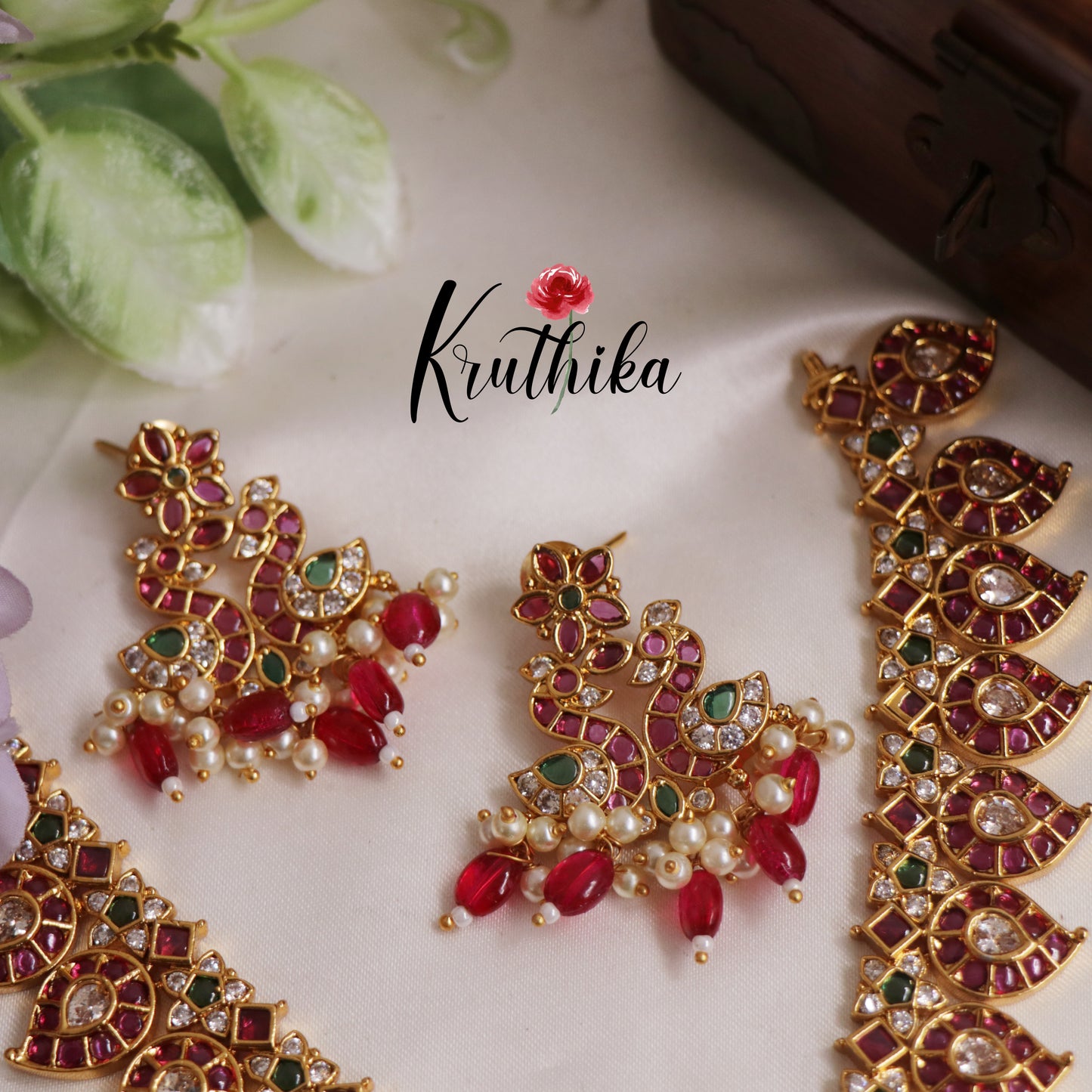 Premium Traditional Kemp Mango Peacock Necklace With Beads NC2531