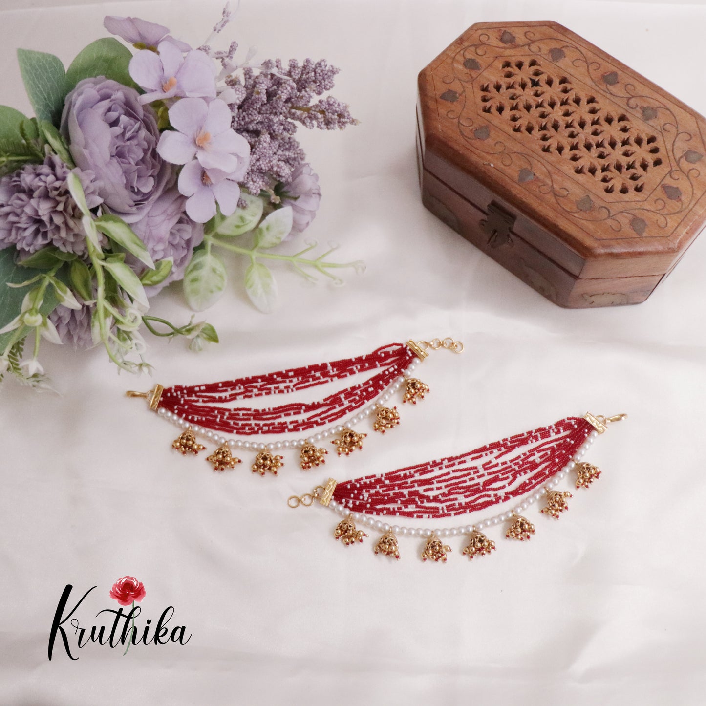 Simple Multi-Layer Pearl Earchains with Jhumka Drops EC111