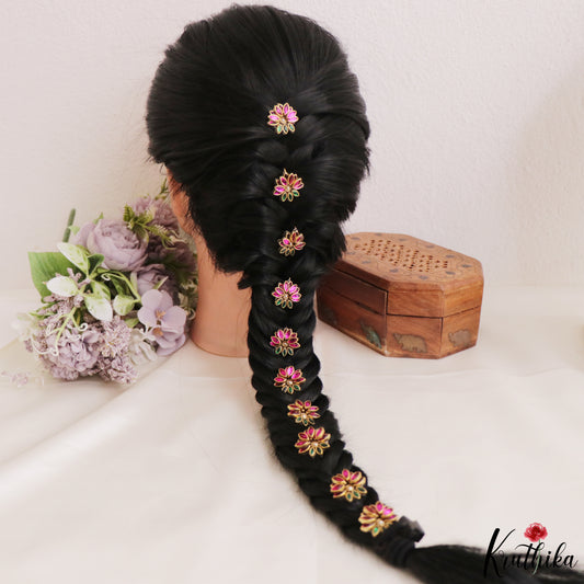 Beautiful Pink & Green Lotus Hair Pins (set of 10) J451