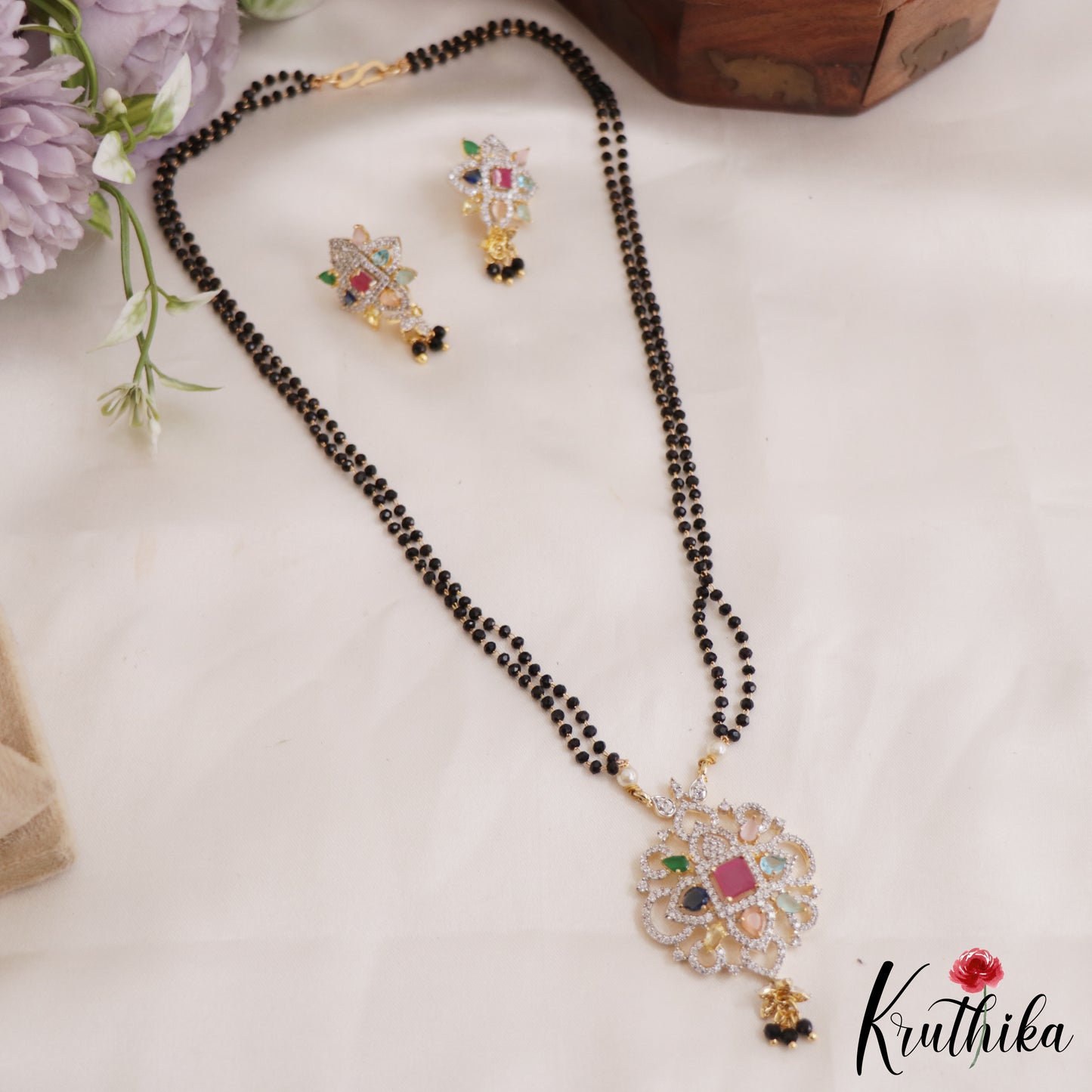 Sparkling AD Multi Color Stone Mangalsutra with Earrings Set NC2640