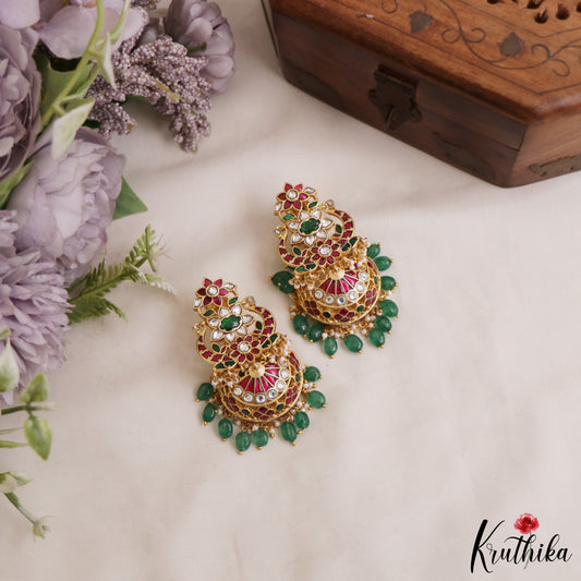 Premium Floral Motifs Jadau Motifs With Green Bead Drops E1080