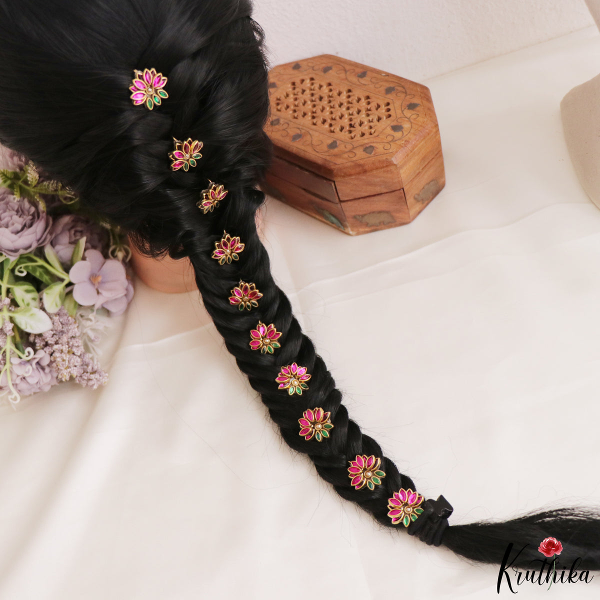 Beautiful Pink & Green Lotus Hair Pins (set of 10) J451