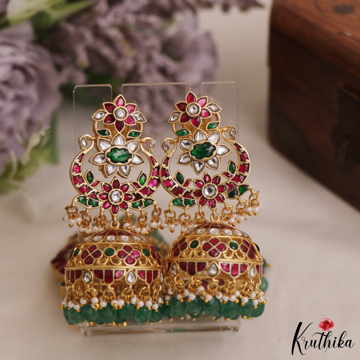 Premium Floral Motifs Jadau Motifs With Green Bead Drops E1080