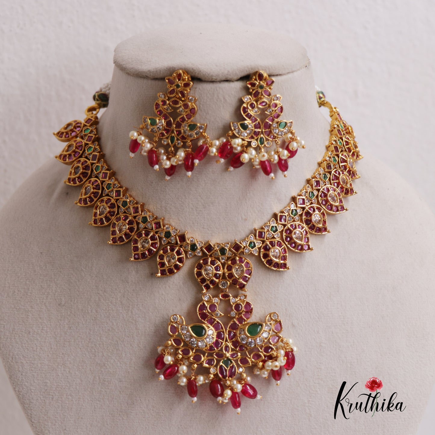 Premium Traditional Kemp Mango Peacock Necklace With Beads NC2531