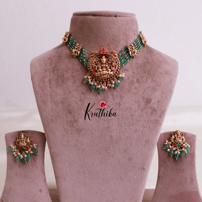 Premium Jadau temple green beads choker NC2017