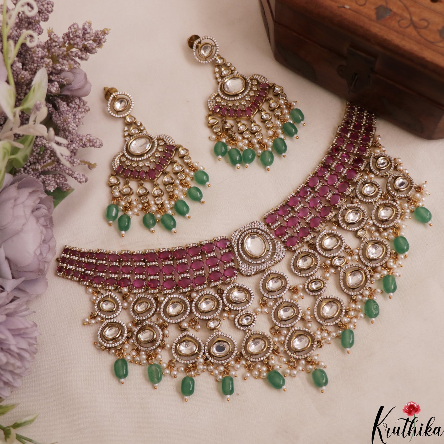 Stunning Geometric Motifs Polki Victorian Choker With Maang Tikka NC3024