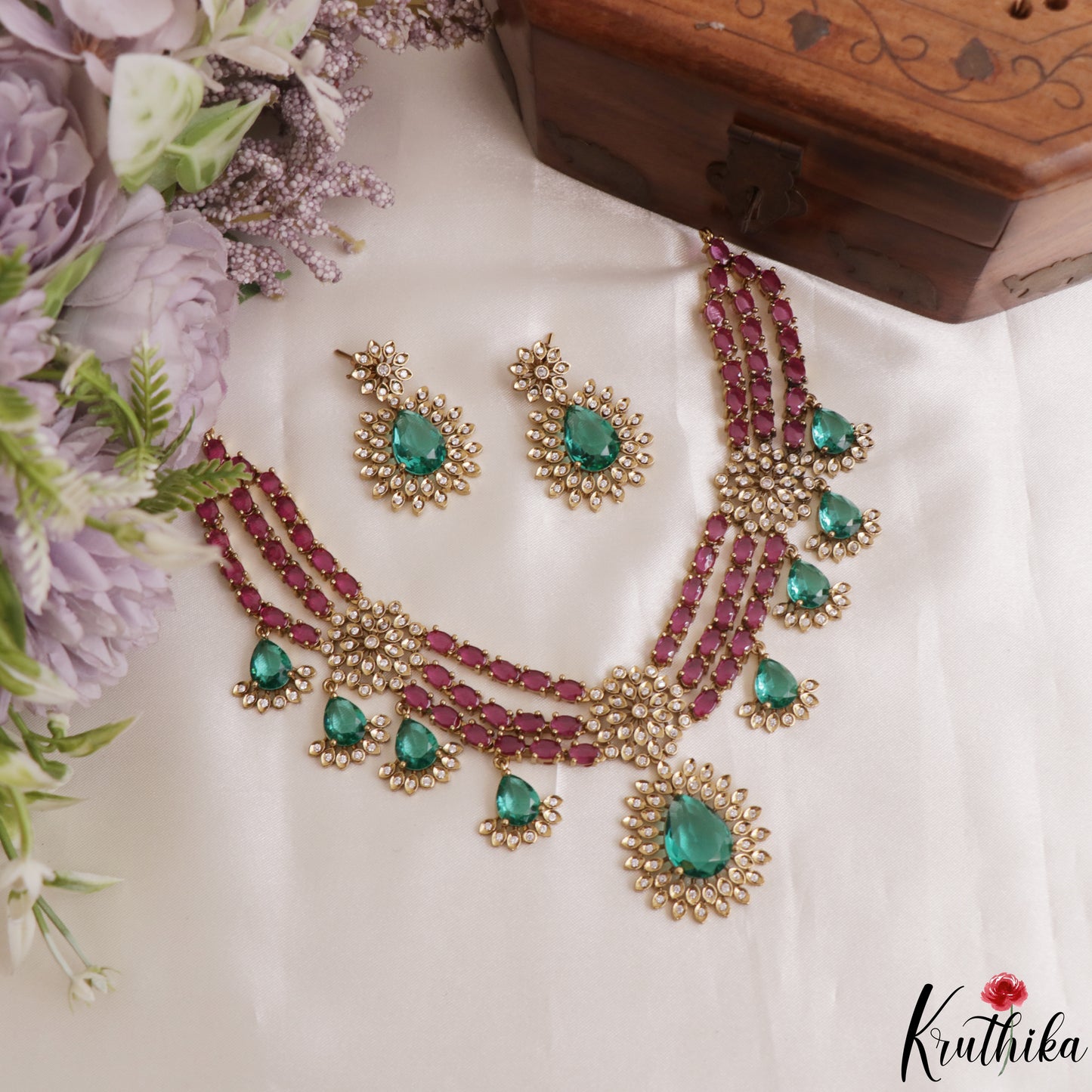 Sparkling Floral Teardrop Motifs CZ Victorian Necklace NC3113