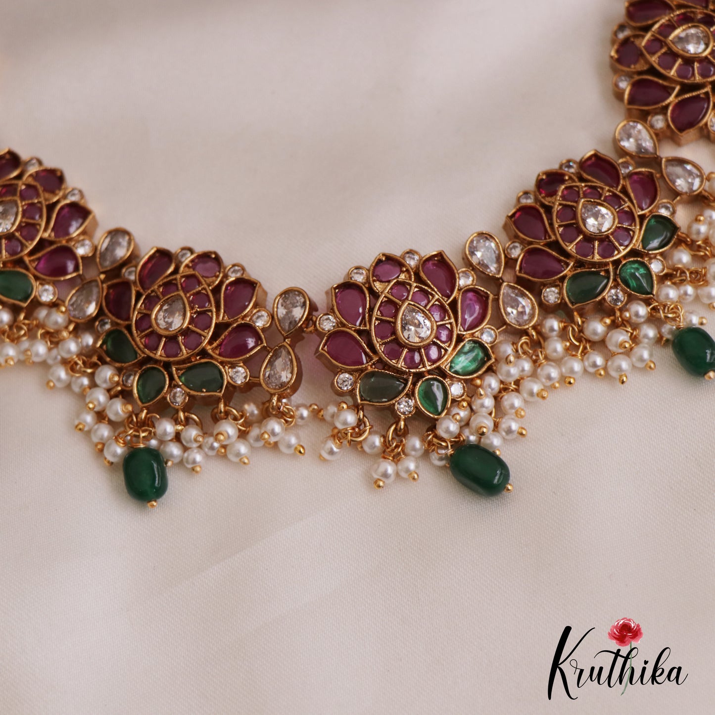 Elegant Lotus Motifs Kemp Guttapoosalu Choker With Green Drop NC2698 (Available In 2 Colors)