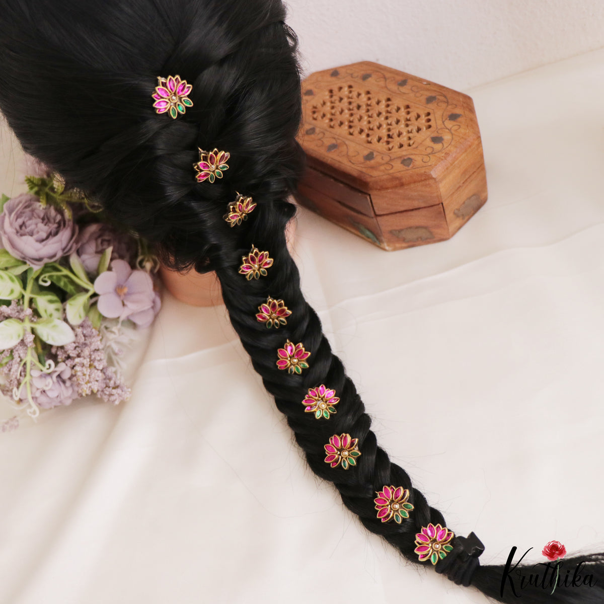 Beautiful Pink & Green Lotus Hair Pins (set of 10) J451
