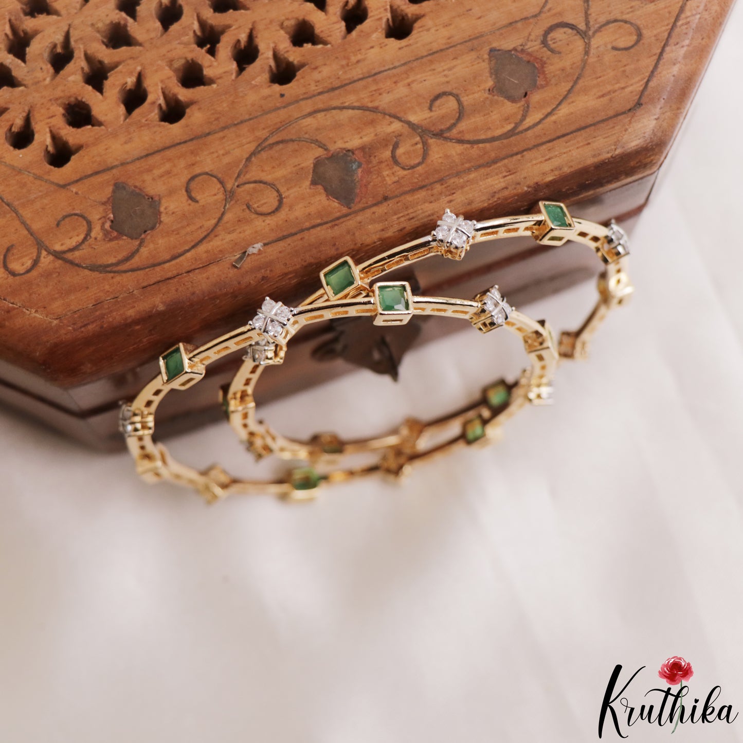 Classic Square Diamond-Finish Gold-Tone CZ Bangles B565 (Set of 2)|(Available In 2 Colors)