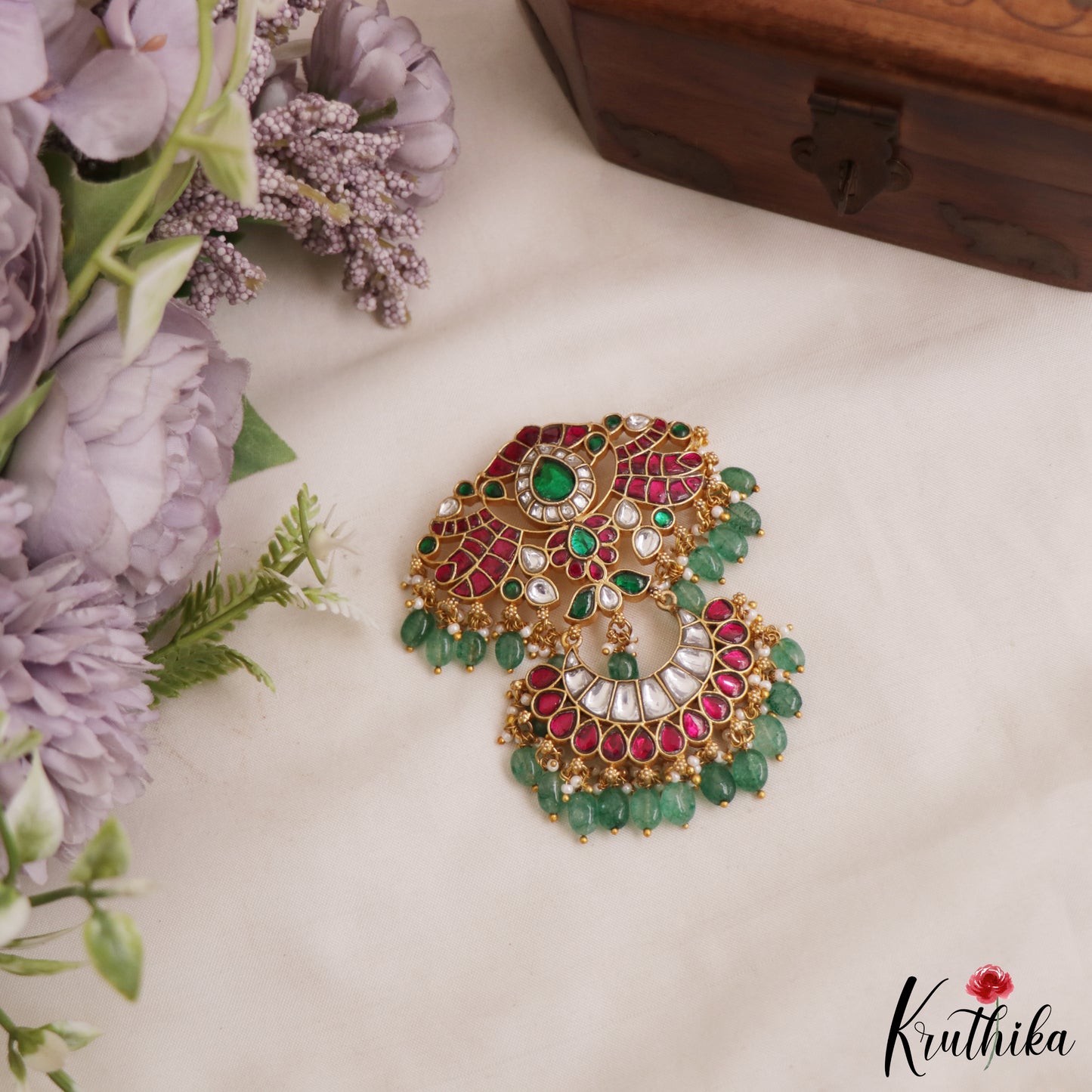 Gorgeous Teardrop Motifs Jadau Pendant With Green Bead Drops PS295