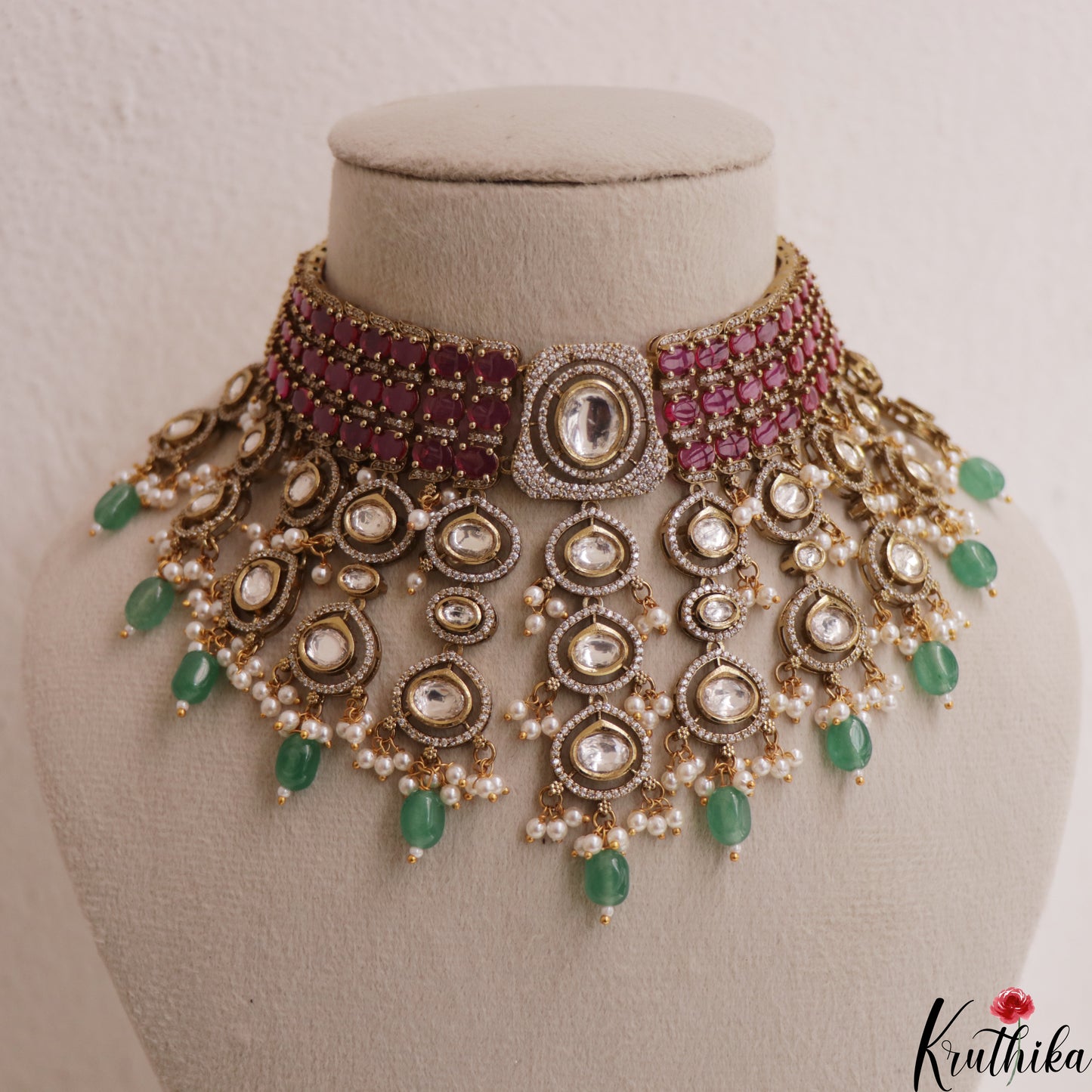 Stunning Geometric Motifs Polki Victorian Choker With Maang Tikka NC3024