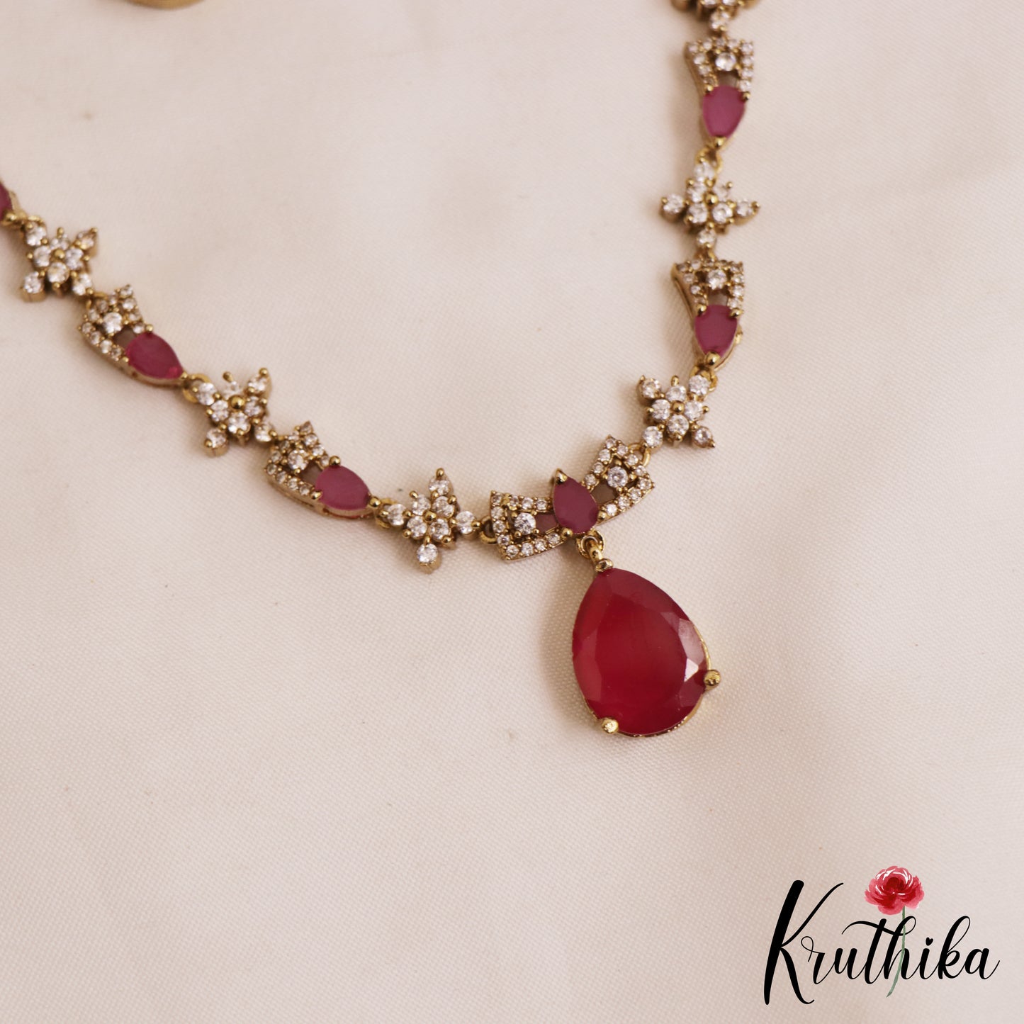 Sparkling Floral Teardrop Motifs AD Victorian Necklace NC2807 (Available In 3 Colors)