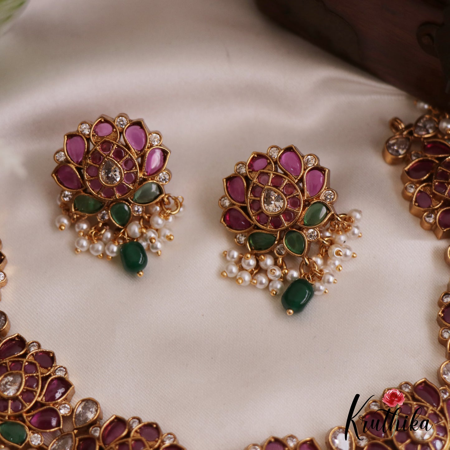 Elegant Lotus Motifs Kemp Guttapoosalu Choker With Green Drop NC2698 (Available In 2 Colors)