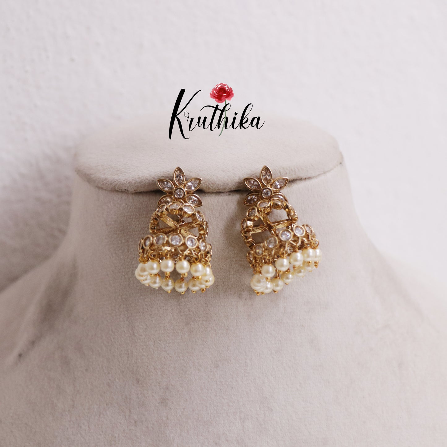 Simple AD Floral Jhumkas With Pearl Drops Earrings E809