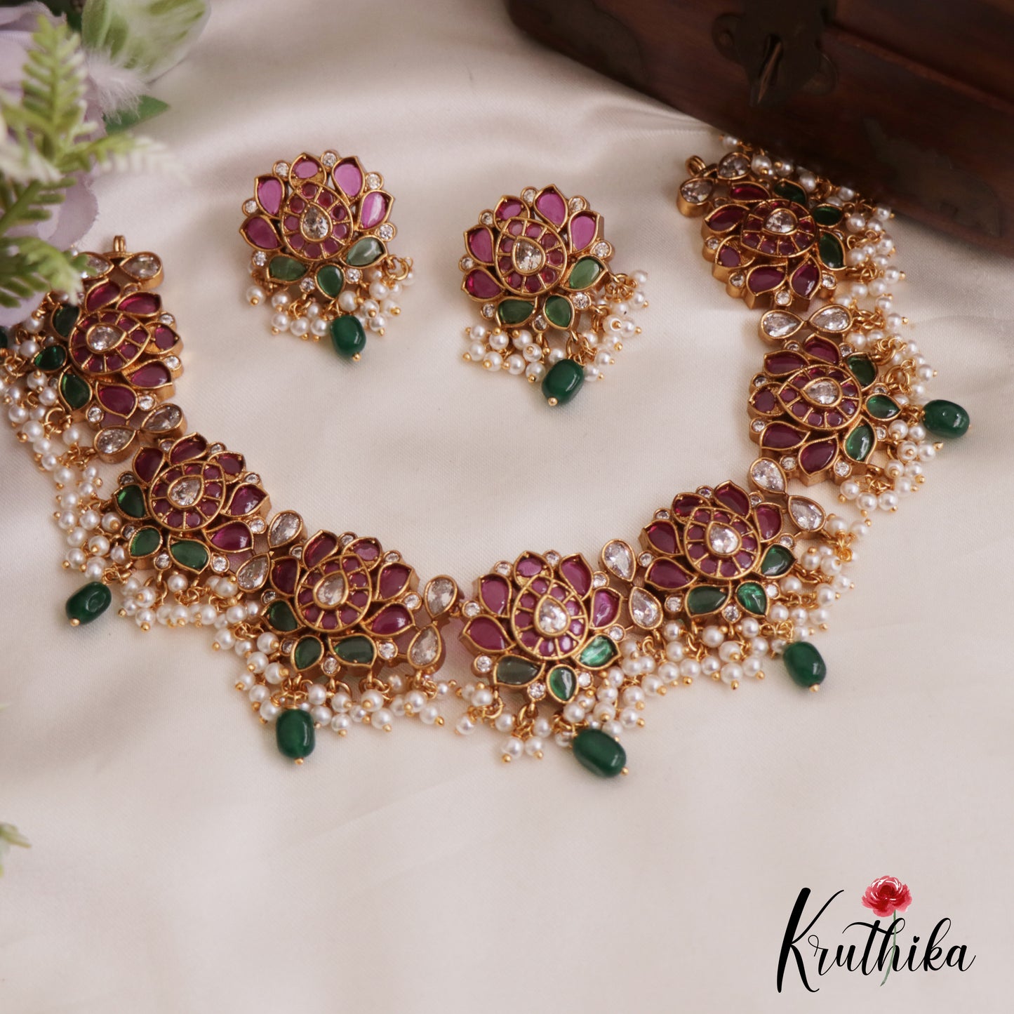 Elegant Lotus Motifs Kemp Guttapoosalu Choker With Green Drop NC2698 (Available In 2 Colors)
