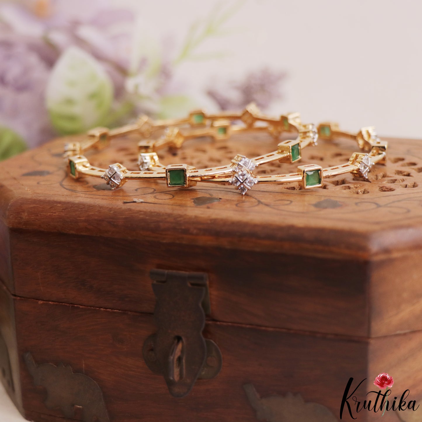Classic Square Diamond-Finish Gold-Tone CZ Bangles B565 (Set of 2)|(Available In 2 Colors)