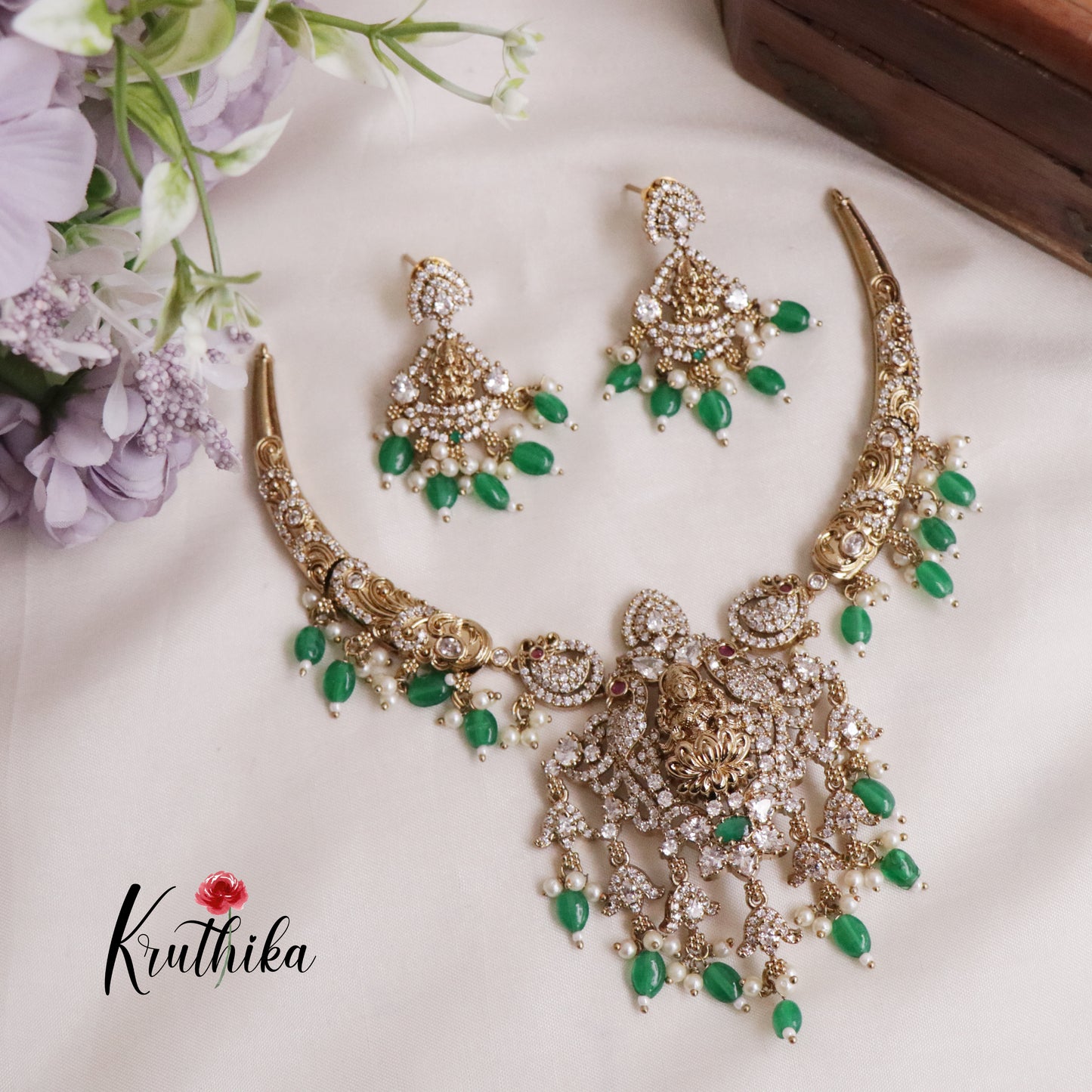 Beautiful AD Stones Peacock Temple Lakshmi Design Hasli Necklace NC2057