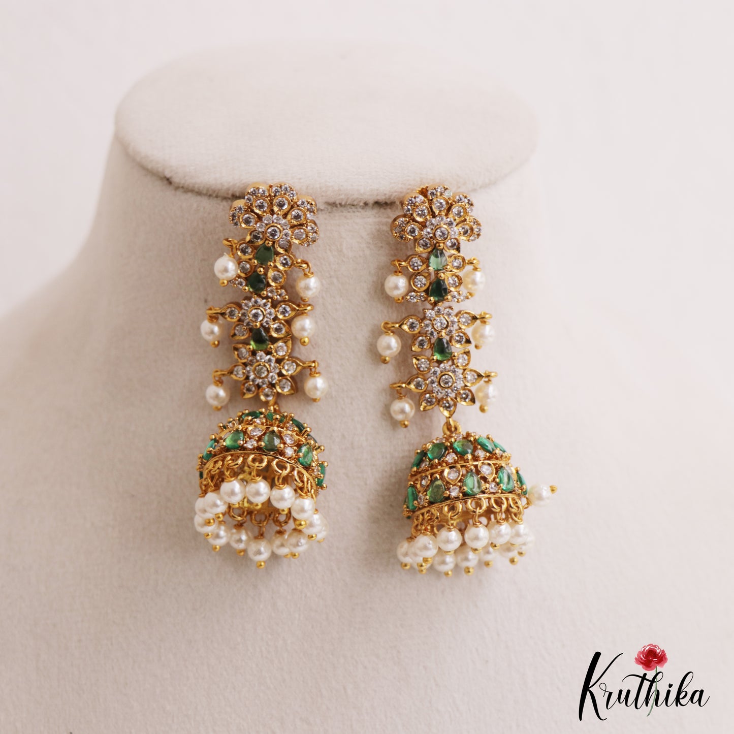 Sparkling Floral Motifs AD Jhumkas With Pearl Drops E1107 (Available In 4 Colors)
