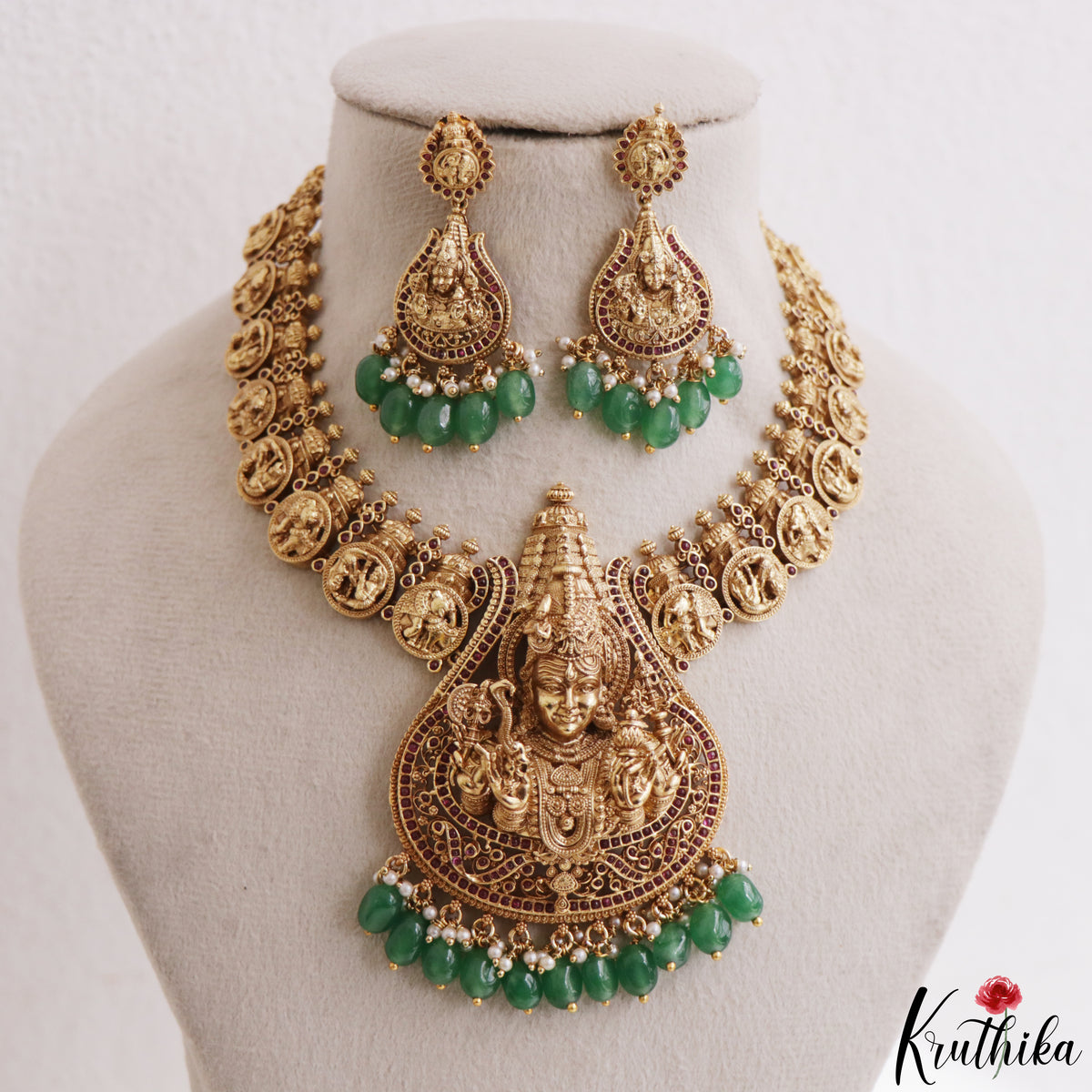 Premium Antique Nagas Lord Shiva Motifs Temple Necklace With Green Bead Drops NC3282