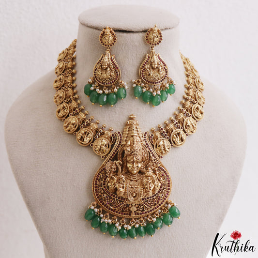 Premium Antique Nagas Lord Shiva Motifs Temple Necklace With Green Bead Drops NC3282
