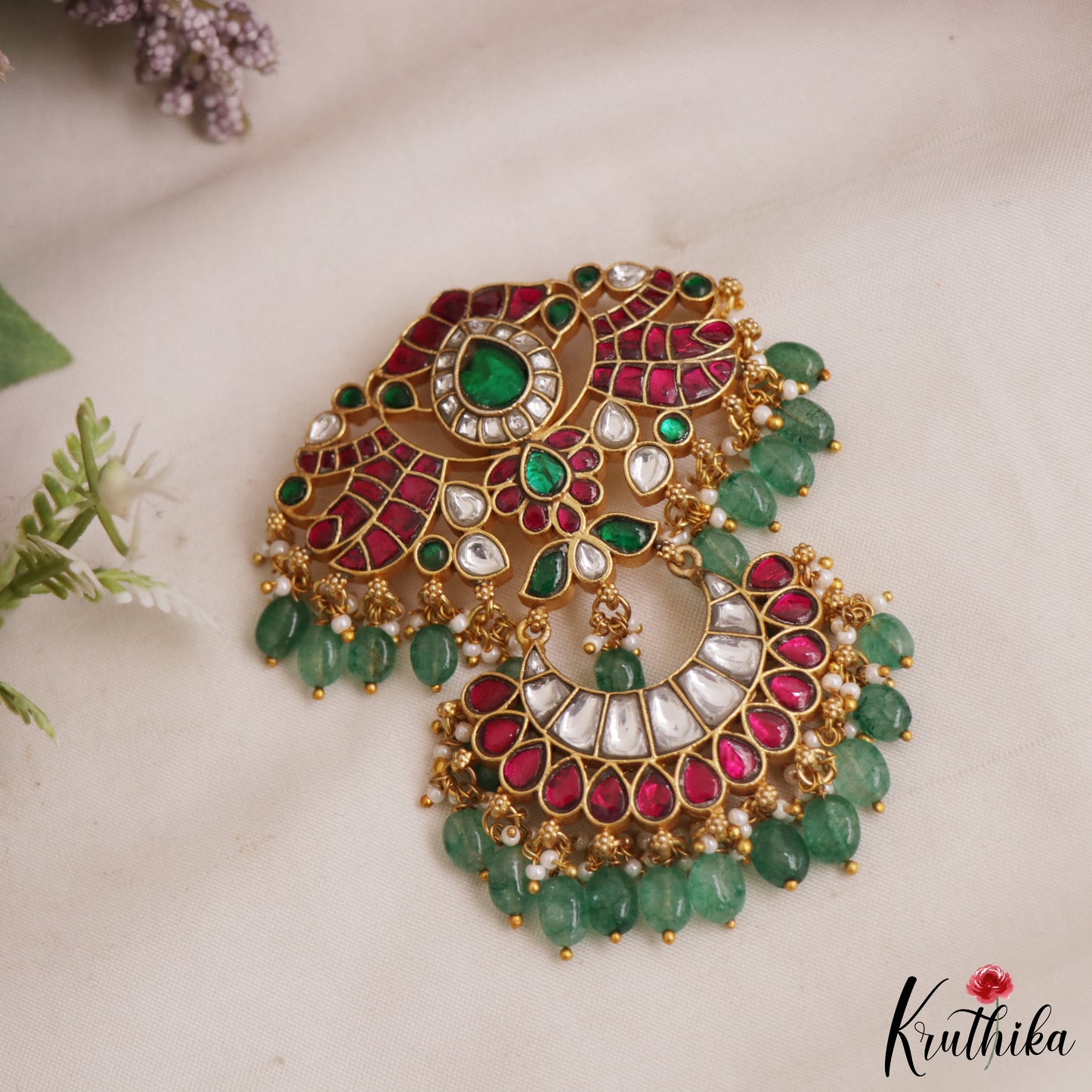 Gorgeous Teardrop Motifs Jadau Pendant With Green Bead Drops PS295