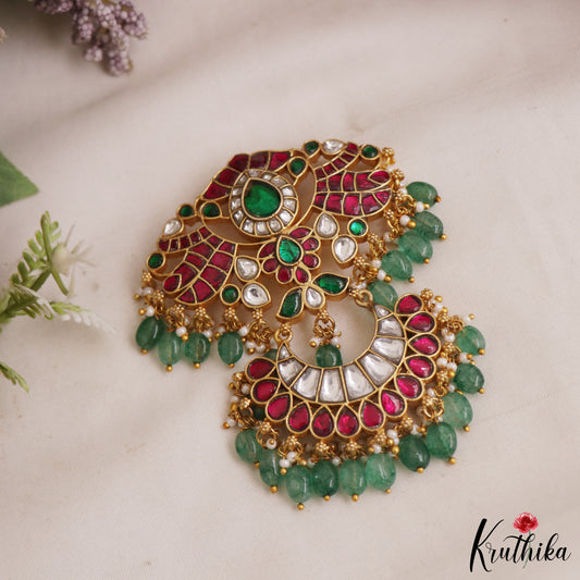 Gorgeous Teardrop Motifs Jadau Pendant With Green Bead Drops PS295