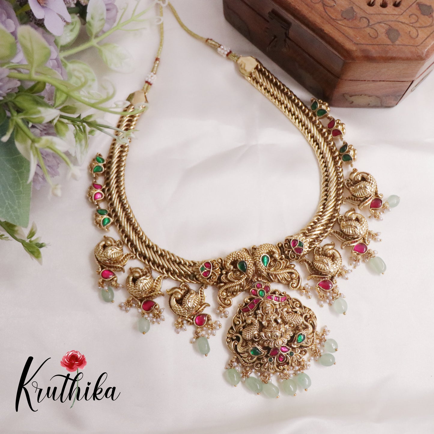 Royal Antique Jadau Lakshmi Pendant and Peacock Necklace NC2231 (Available in 3 Colours)