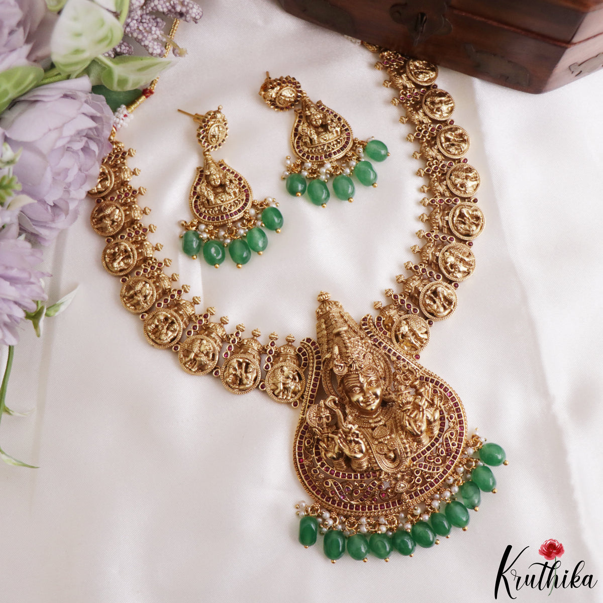 Premium Antique Nagas Lord Shiva Motifs Temple Necklace With Green Bead Drops NC3282