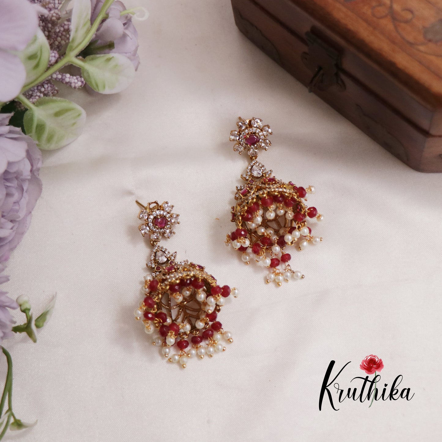 Beautiful AD Floral Jhumkas With Bead And Pearl Drops Earrings E811