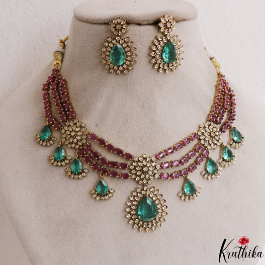 Sparkling Floral Teardrop Motifs CZ Victorian Necklace NC3113
