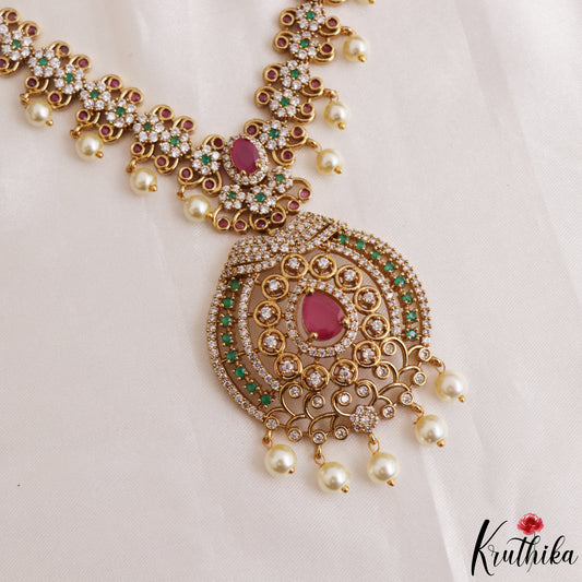 Sparkling Floral Motifs CZ Victorian Necklace With Pearl Drops NC3162