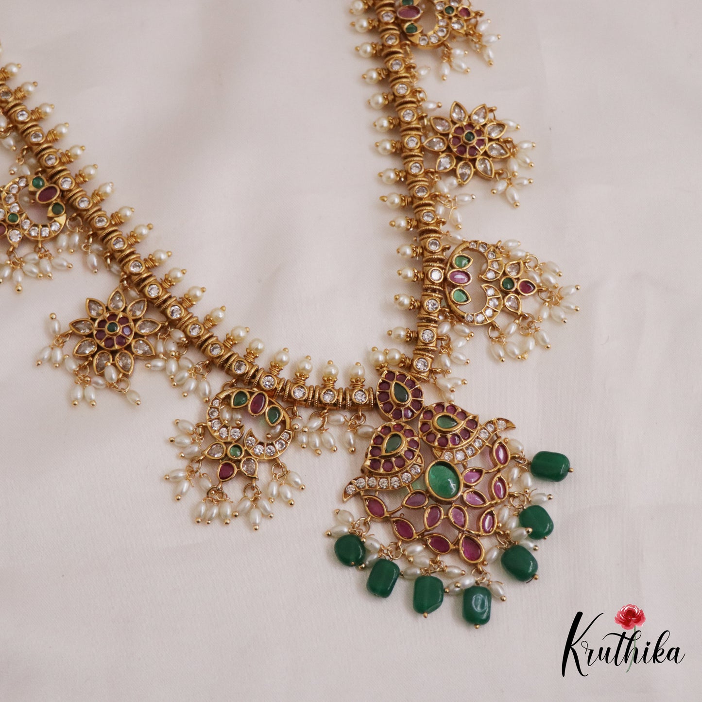 Gorgeous Kemp Floral Mango Motifs Guttapoosalu Haaram With Green Bead Drops LH2040